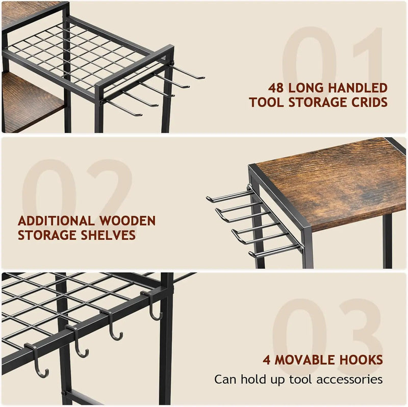 Garden Garage Tool Organizer - with 3-tier Shelves, Yard Tool Organizer for Garage with 4 Hooks, Heavy duty Steel Garden Tool Rack Holds up to 48 Long Handled Yard tools for Storage by GreenHaven Gardens