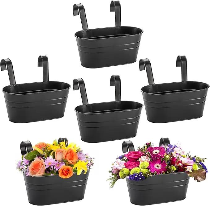 Foraineam 6 Pack Hanging Flower Pots, Metal Iron Hanging Planter Plant Pot Holders for Railing Fence Balcony, Black Hanging Bucket Pots Outdoor Porch Decors with Detachable Hooks and Drain Holes by GreenHaven Gardens