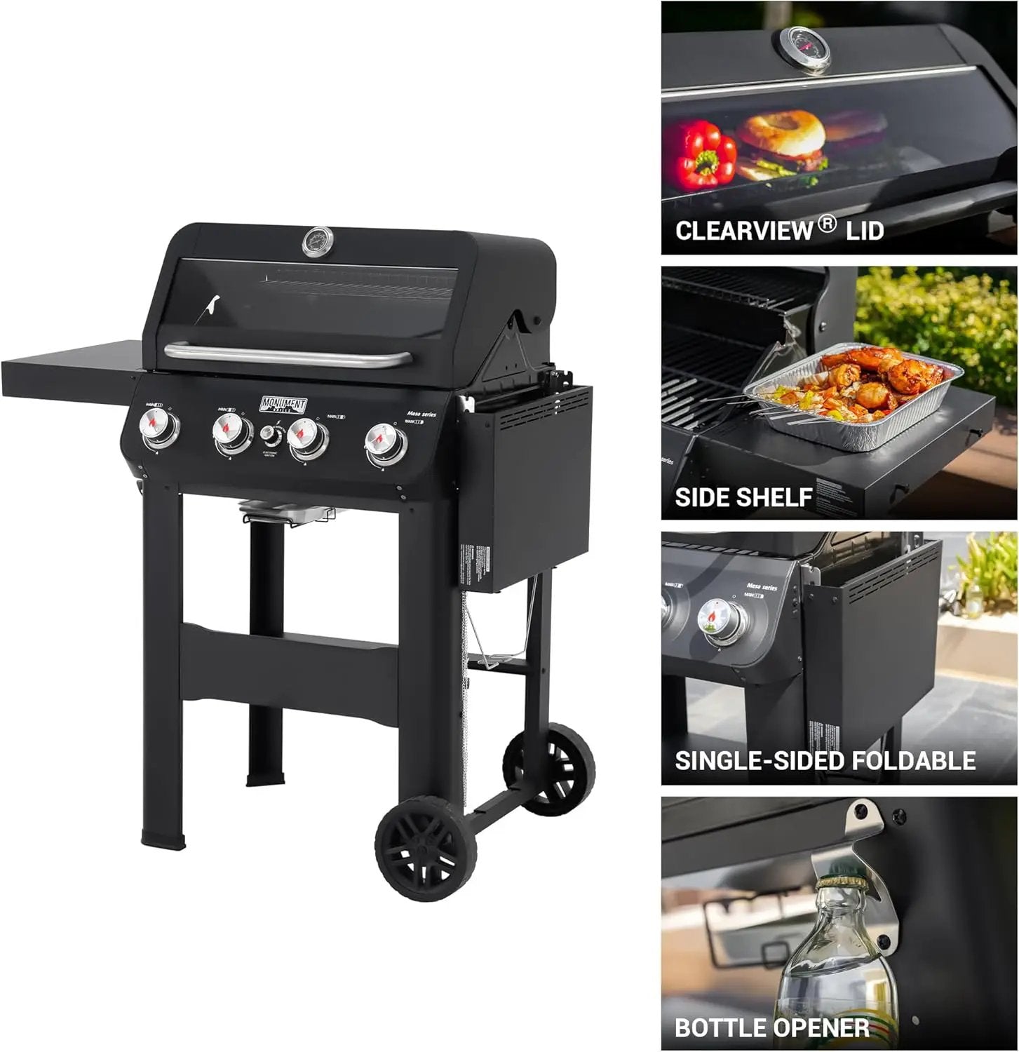 Monument Grills 4-Burner Liquid Propane Gas Grill, Matte Black Stainless Steel Burner Grill with Clearview® Lid and One Foldable Shelf for Outdoor Cooking Kitchen Patio Backyard Barbecue, Mesa420MF by GreenHaven Gardens