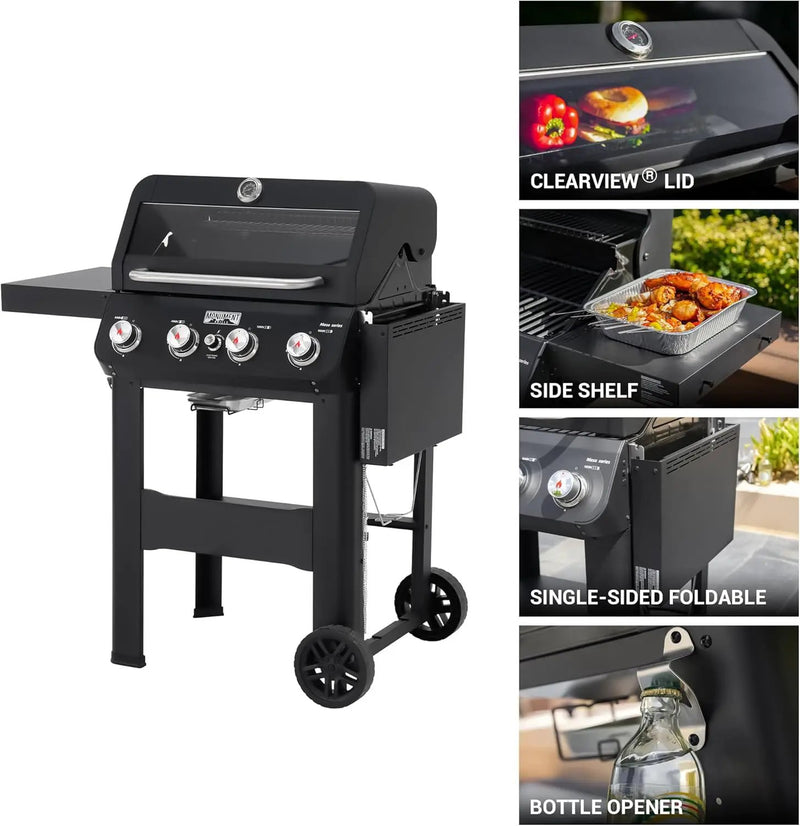 Monument Grills 4-Burner Liquid Propane Gas Grill, Matte Black Stainless Steel Burner Grill with Clearview® Lid and One Foldable Shelf for Outdoor Cooking Kitchen Patio Backyard Barbecue, Mesa420MF by GreenHaven Gardens