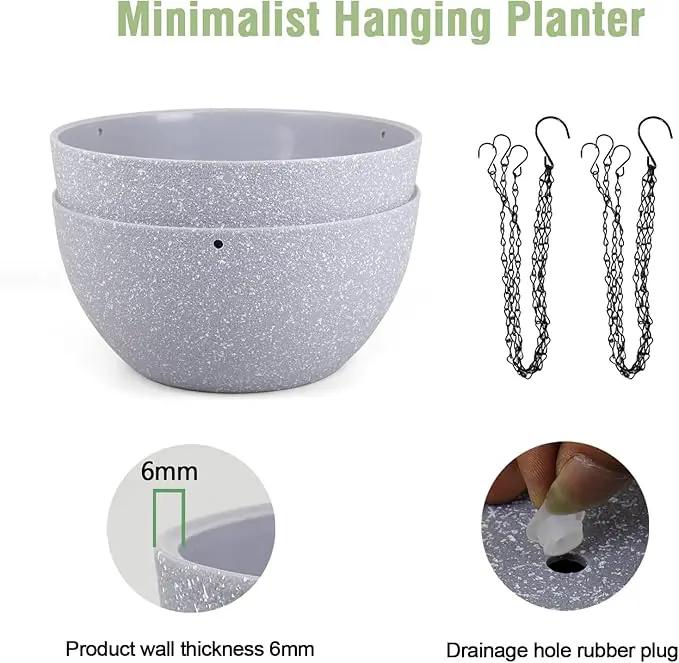10 inch Hanging Planters for Indoor Outdoor Plants, 2 Pack Hanging Flower Pots with Drainage Holes and Chain for Garden Porch, Plastic Hanging Baskets for House Plants, Speckled Grey by GreenHaven Gardens