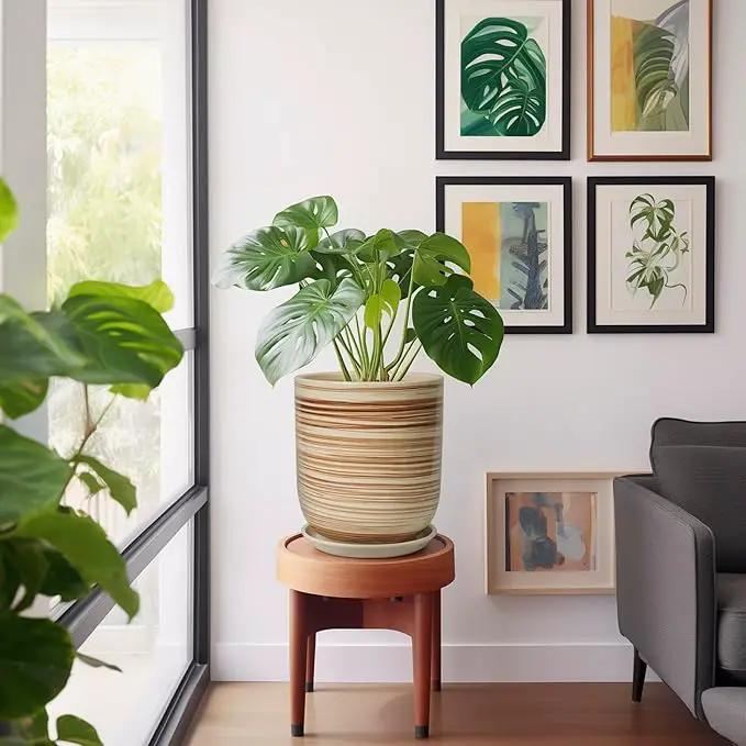 Ceramic Planter 10 Inch - Ceramic Pots for Indoor Plants Outdoor Large Plant Pot with Drainage Hole and Saucer Cylinder Flower Pot Yellow by GreenHaven Gardens