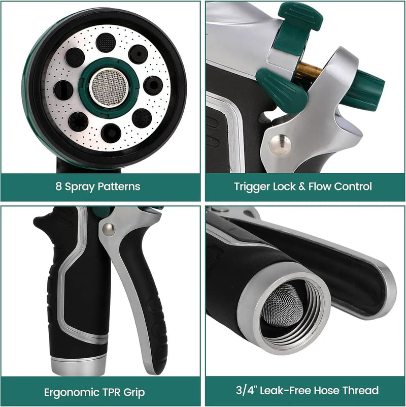 Garden Hose Nozzle, Heavy Duty Metal Water Hose Sprayer Nozzle with 8 Spray Patterns, High Pressure Handheld Nozzle with Flow Control for Lawn & Plant Watering, Car Washing – Forest Green by GreenHaven Gardens