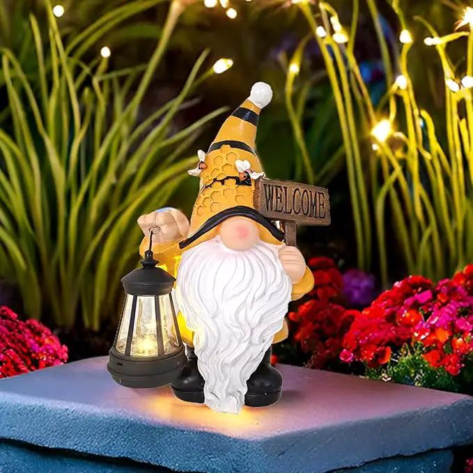 Gnome Garden Statues with Solar Lights Outdoor Gnomes Sculpture Yard Patio Decor for Lawn Ornaments Gardening Gifts（Bee Gnome by GreenHaven Gardens