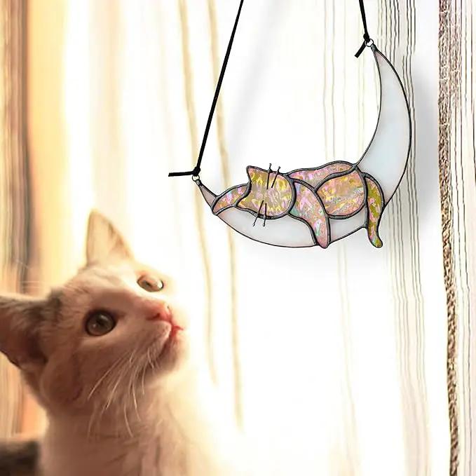 HDCRYSTALGIFTS Orange Cat On Moon Stained Glass Window Hangings,Tabby Cat Decoration suncatcher Hanging Ornament Gift for Mom,Cat Memorial Gifts for Cat Lovers, Pet Loss Sympathy Gift by GreenHaven Gardens