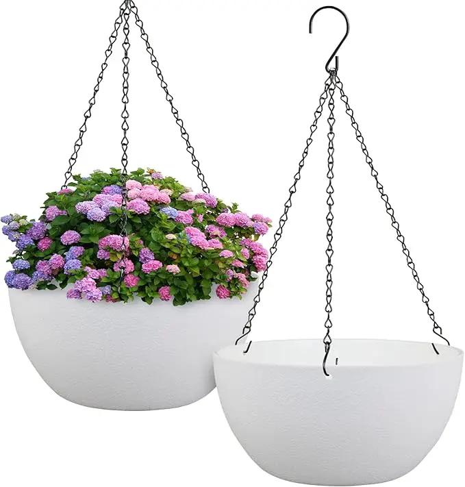 12 inch Large Hanging Planters for Indoor Outdoor Plants, 2 Pack Hanging Flower Pots with Drainage Holes and Chain for Garden Porch, Plastic Hanging Baskets for House Plants, White by GreenHaven Gardens