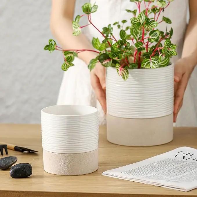 Nihow Self Watering Plant Pot: 4.5 Inch Ceramic Planter with Drainage Hole & Water Storage Plus for Indoor & Outdoor Plants - Cylinder Flower Pot for Herbs/Violets - White & Brown by GreenHaven Gardens