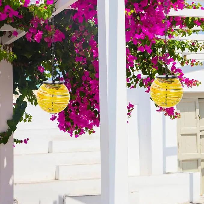 Solar Lanterns Outdoor Waterproof LED Lights 4.7" Glass Hanging Solar Lights with Metal Chain,Gazing Globe Ball Outdoor Decorative Lantern for Patio Pathway Yard Garden Decor(Yellow) by GreenHaven Gardens