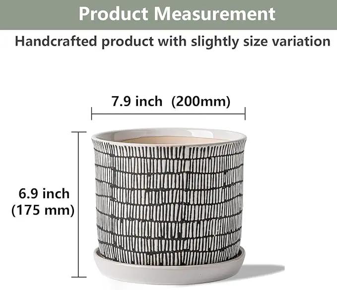 8 Inch Plant Pot: Ceramic Planter with Drainage Hole & Saucer - Cylinder Flowerpot for Indoor & Outdoor Plants - with Separate Tray for Home & Office - Striped Design by GreenHaven Gardens