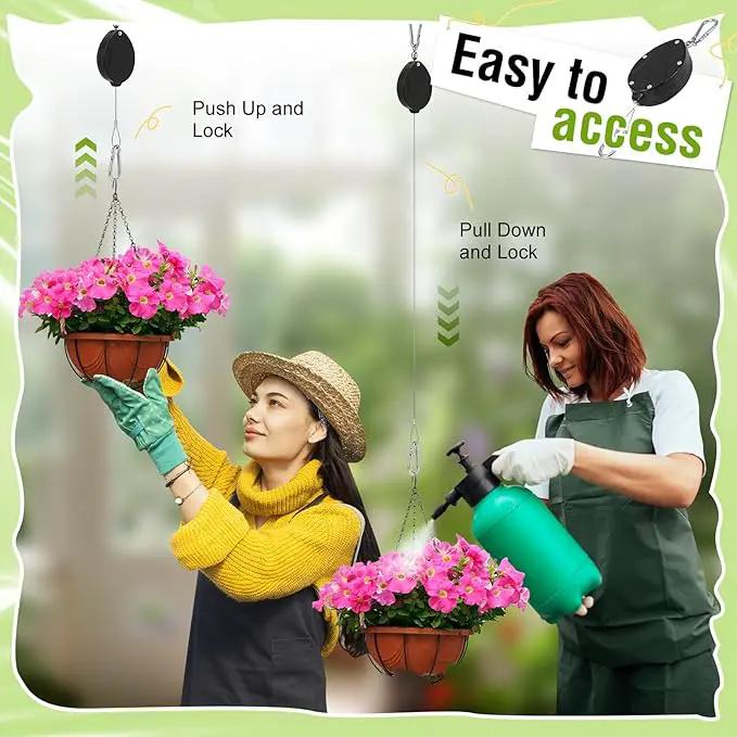 Plant Pulleys, Heavy Duty Retractable Hangers, 304 Stainless Steel Rope, Auto Plant Holder, Adjustable Climbing Hook for Garden Baskets, Watering, or Bird Feeders 2PC (Black) by GreenHaven Gardens