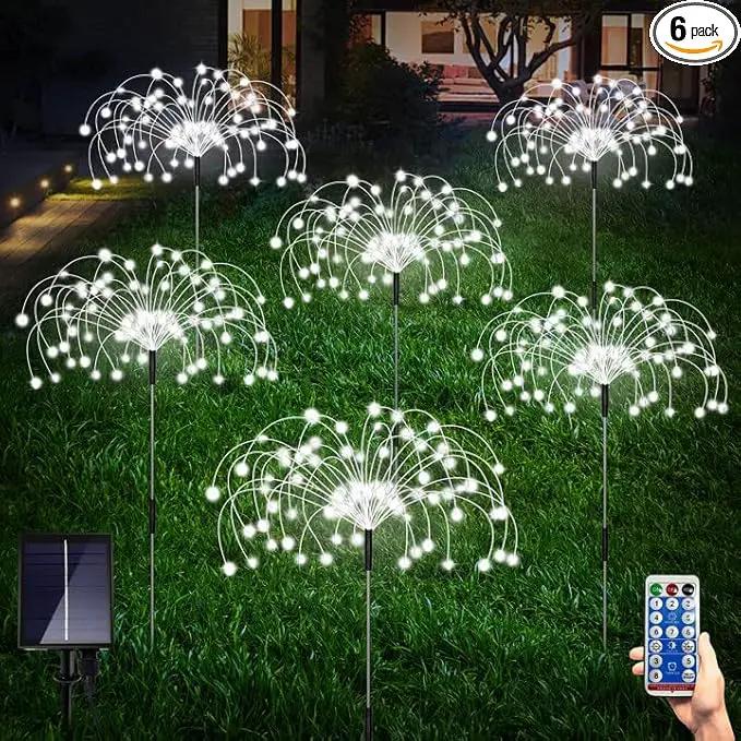 6 Pack Outdoor Solar Garden Lights, 120 LED Waterproof Solar Lamps Decorative, Fireworks Lamp, 8 Modes Landscape Lights with Remote for Pathway Backyard Walkway Patio (Cool White) by GreenHaven Gardens