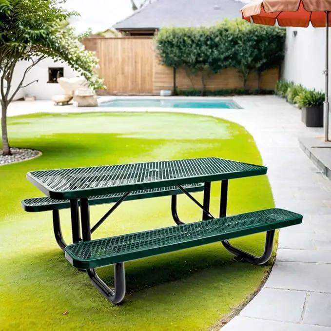 6 ft. Rectangular Outdoor Steel Picnic Table with Umbrella Pole, Heavy-Duty Weather-Resistant Dining Table for Patio, Backyard, and Garden, Rust-Resistant Finish, Green by GreenHaven Gardens