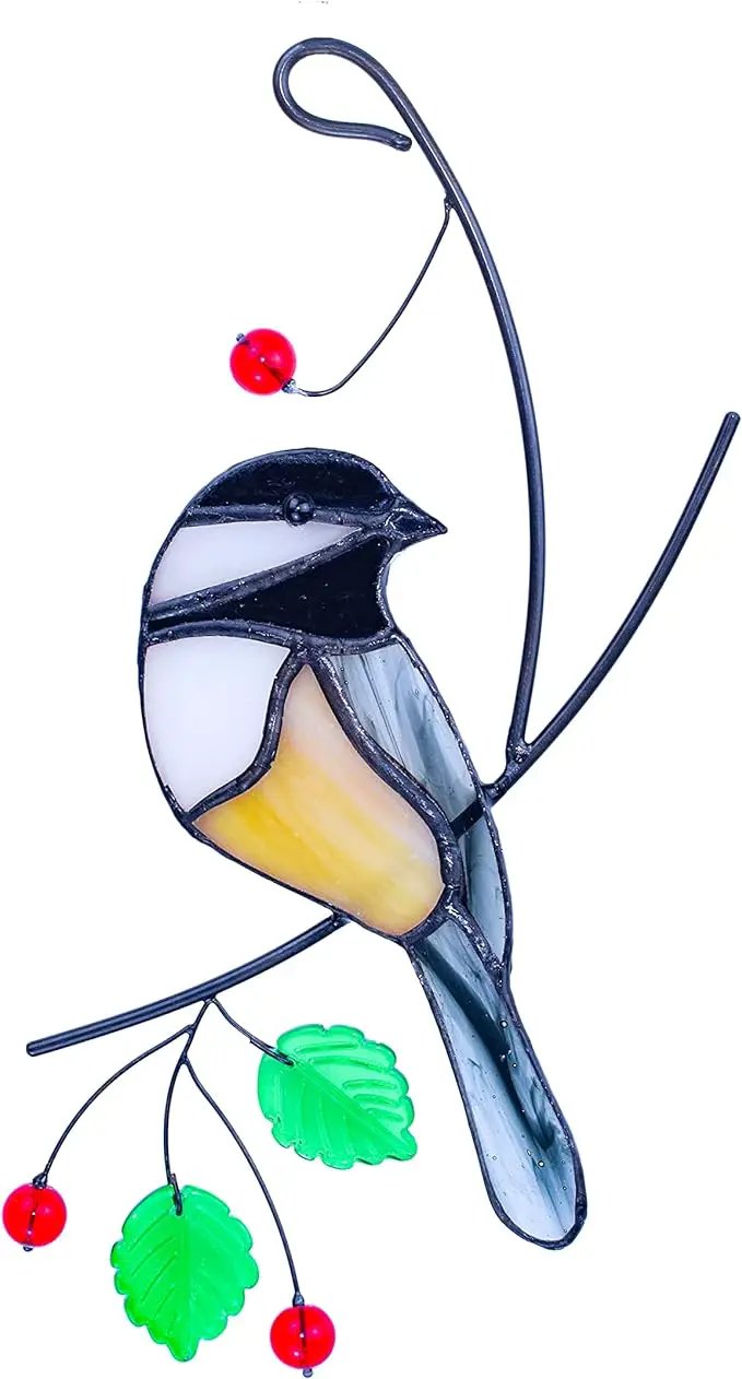 Lolitarcrafts Chickadee Stained Glass Suncatcher Bird Stained Glass Window Hangings for Window Decoration by GreenHaven Gardens