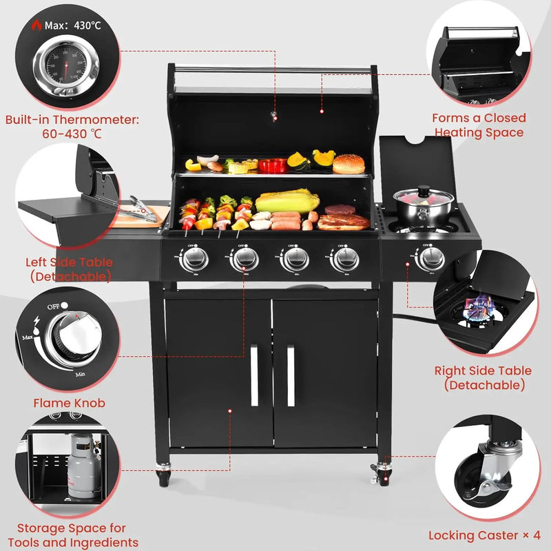Q043-4-Burner w/Side Burner Gas Grill with 292 SQ.IN. Outdoor Grill with 44,000 BTU,Propane Grills with Top Cover Lid,Grills Outdoor Cooking for Patios,Camping,Balcony,Garden by GreenHaven Gardens