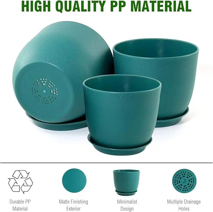 9/8/7.5 inch Flower Pots, 3 Pack Modern Plastic Planters with Drainage Holes and Trays for House Plants, Plant Pots for Indoor Outdoor Plants, Blue Green by GreenHaven Gardens