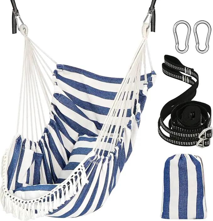 Chihee Hammock Chair Hanging Swing 2 Pillows Included,Strong Webbing Straps and Hooks for Easy Hanging Soft Cotton Hanging Chair Side Pocket Tassel Chair Comfort Indoor Outdoor Blue White by GreenHaven Gardens