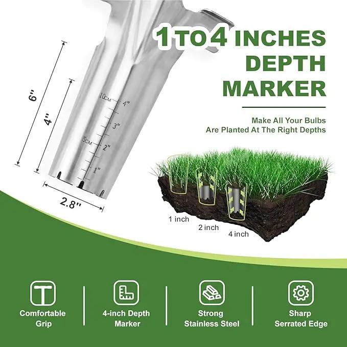 Long Handled Bulb Planter Tool, 37'' Bend-Proof Stainless Steel Bulb Planter, 4'' Depth Marks Long Handled Hole Digger, Bulb Planter with Comfortable T-Shaped Long Wood Handle for Planting Tulips by GreenHaven Gardens