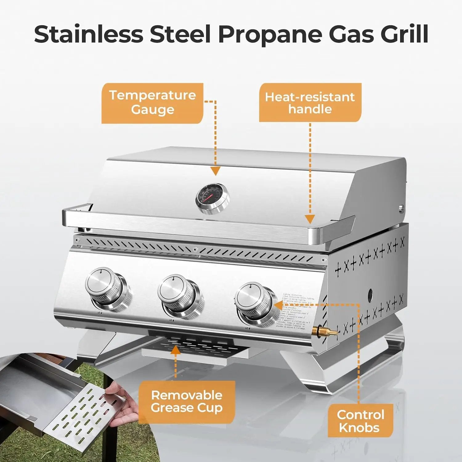 R.W.FLAME Premium 3 Burner Tabletop Propane Gas Grill Stainless Steel Portable Outdoor BBQ Grill with Griddle,24,000 BTU Multi-Zone Cooking,Built-in Thermometer,Backyard,Camping & Patio Gatherings by GreenHaven Gardens