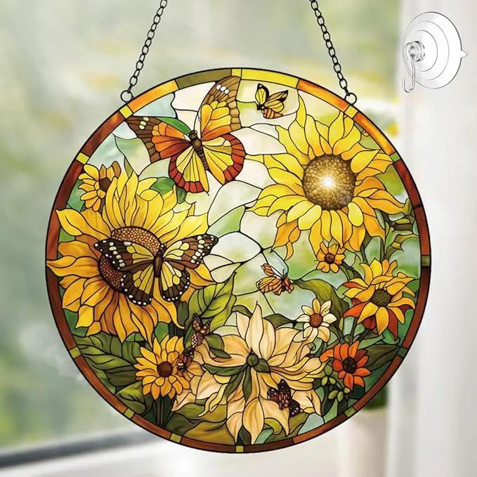 Sunflower Decor Suncatcher Stained Glass Window Hanging - Butterfly Stained Glass Suncatchers for Windows - Sun Catchers Indoor Window with Chain and Hook - Sunflower Gifts for Women Mom Teacher Gift by GreenHaven Gardens