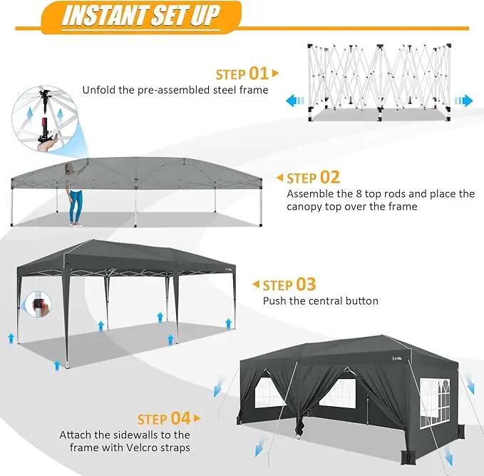 HOTEEL 10x20 Pop up Canopy with 6 Sidewalls, One Push Instant Setup Outdoor Canopy Tent with Reinforce Rod, Weight Bag, for Parties, Events, Gray by GreenHaven Gardens