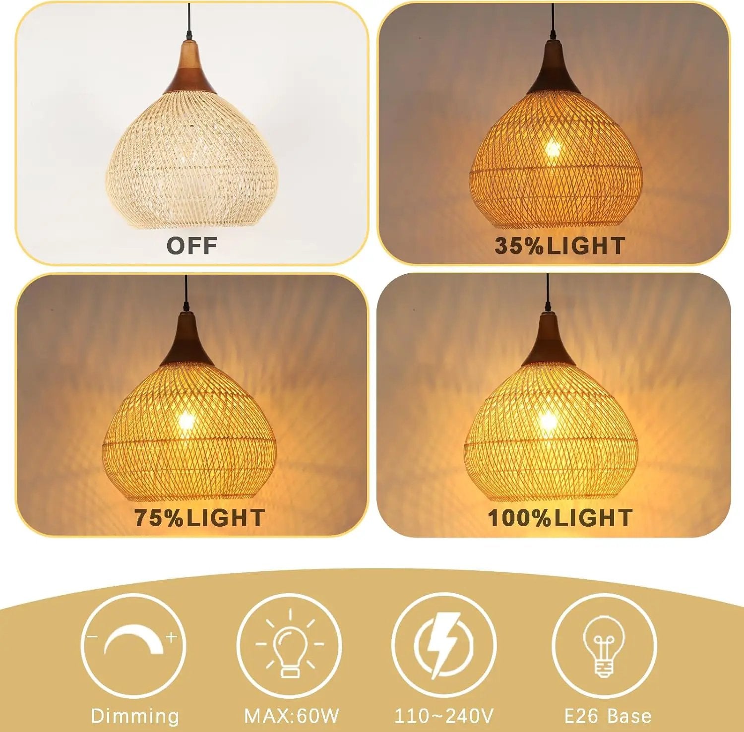 Rattan Pendant Light, 15.7" Rattan Chandelier Hand-Woven Boho Pendant Light Fixtures with Solid Wood, Basket Wicker Chandelier for Dining Room Kitchen Island Living Room by GreenHaven Gardens