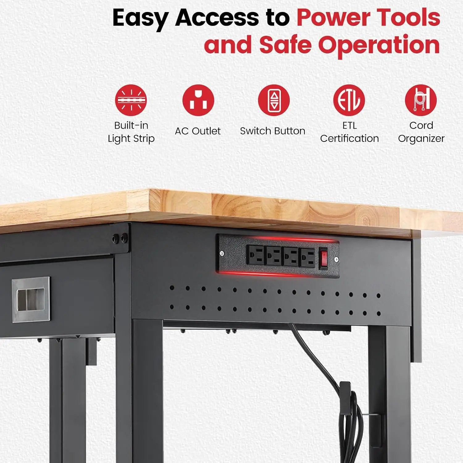 Workbench with Wheels 60 x 22 Inch Heavy Duty Rubber Wood Tabletop Work Bench with Pegboard, Drawers, Power Outlets Adjustable Height Work Table for Woodworking Shop, Home, Office by GreenHaven Gardens