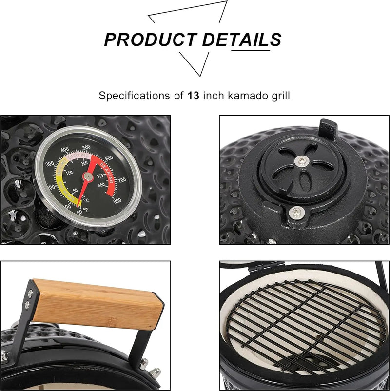 13" Round Ceramic Kamado Charcoal Grill - Heavy-Duty Black Outdoor BBQ Smoker with Heat Retention, Portable Egg Design for Grilling, Smoking, Baking & Roasting (Includes Ash Tool) by GreenHaven Gardens