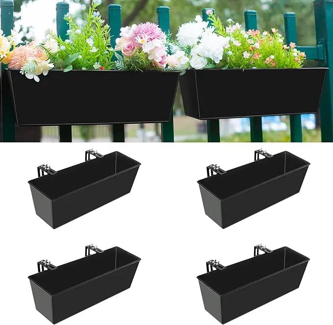 Railing Planter for Outdoor Plants 16 Inch Metal Rectangular Window Boxes with Adjustable Brackets and Drainage Hanging Flower Pots for Balcony Deck Railings Apartment Patio Decor Black(4PCS) by GreenHaven Gardens
