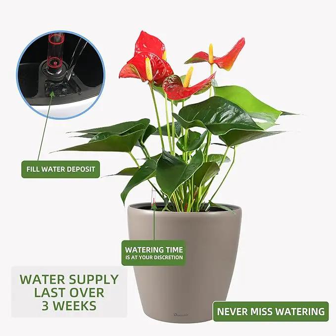 Dexceder 18x17 Self Watering Planter with Wheels Indoor Outdoor, Inner Pot Design, Thickened Large Floor Standing Flower Plant Pot with Water Level Indicator (Taupe Matte) by GreenHaven Gardens