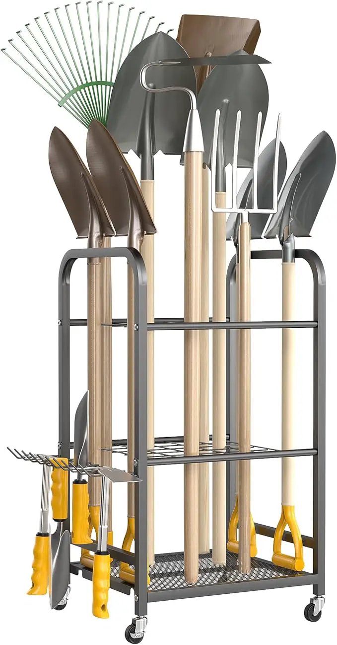 Ultrawall Garden Tool Organizer Stand, Yard Tool Storage Rack with Lockable Wheels, Garage Tool Storage for Rake, Brooms, Indoor & Outdoor Use by GreenHaven Gardens