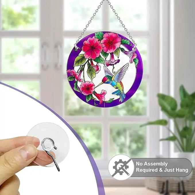 Stained Glass Window Hanging, Hummingbird Gifts for Women, Bird and Flowers Suncatcher for Window, 6" Purple Stained Glass Suncatchers, Hand Painted Glass for Birds Lover (6 inch) by GreenHaven Gardens