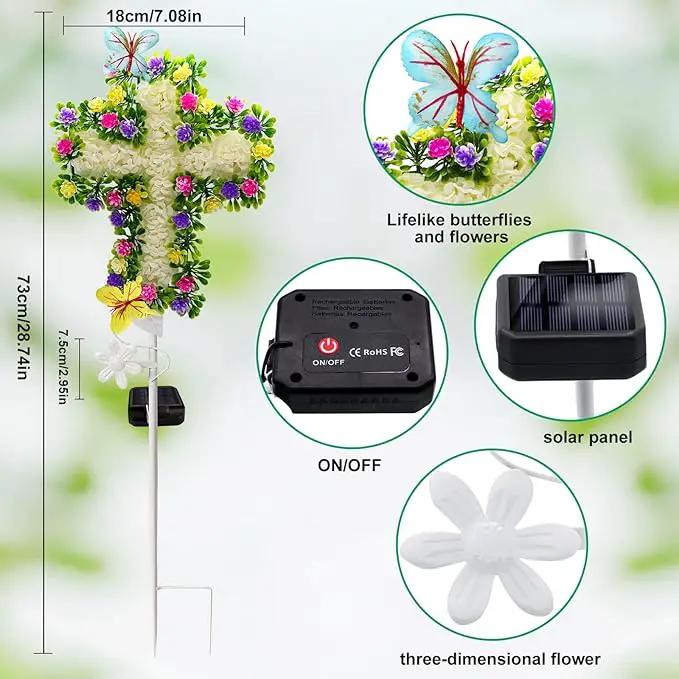 YJFWAL Solar Flowers Cross Garden Stake Lights, Yard Solar Lights Cemetery Decorations for Grave Outdoor Jesus Cross Sympathy Memorial Gifts for Grandmother, Garden Yard Lawn Patio Pathway by GreenHaven Gardens
