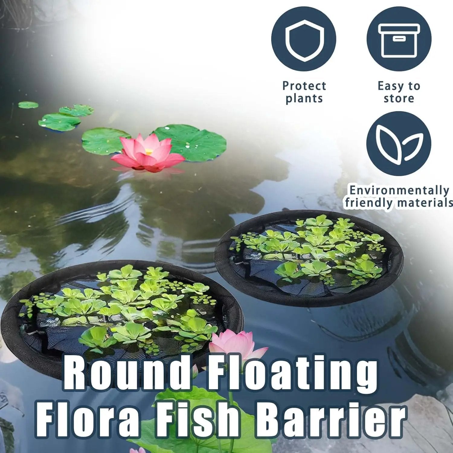 2Pack Round Floating Flora Fish Barrier-17.7Inch Black Pond Plant Protector, Floating Island/Planter Pond,UV Resistant Net to Shield Floating Plant(Lotus/Water Lilies)from Koi, with Waterproof Gloves by GreenHaven Gardens