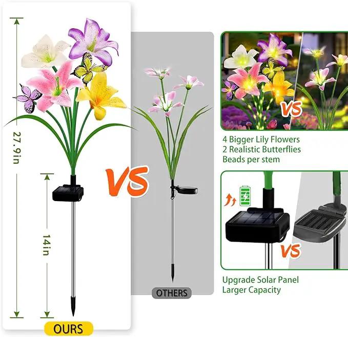 Solar Garden Lights 2 Pack 8 Lily Flowers with Butterfly Decor, Waterproof Solar Flower Lights for Outdoor - Upgraded Decorative Lilies for Yard, Patio, Pathway Decorations & Gardening Gifts by GreenHaven Gardens