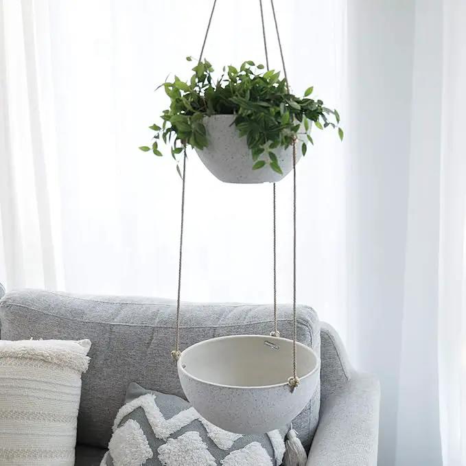 LA JOLIE MUSE 2 Tier Hanging Planters for Indoor & Outdoor Plants - Modern Flower Pots with Rope, Garden Planters with Drain Holes, Speckled White by GreenHaven Gardens