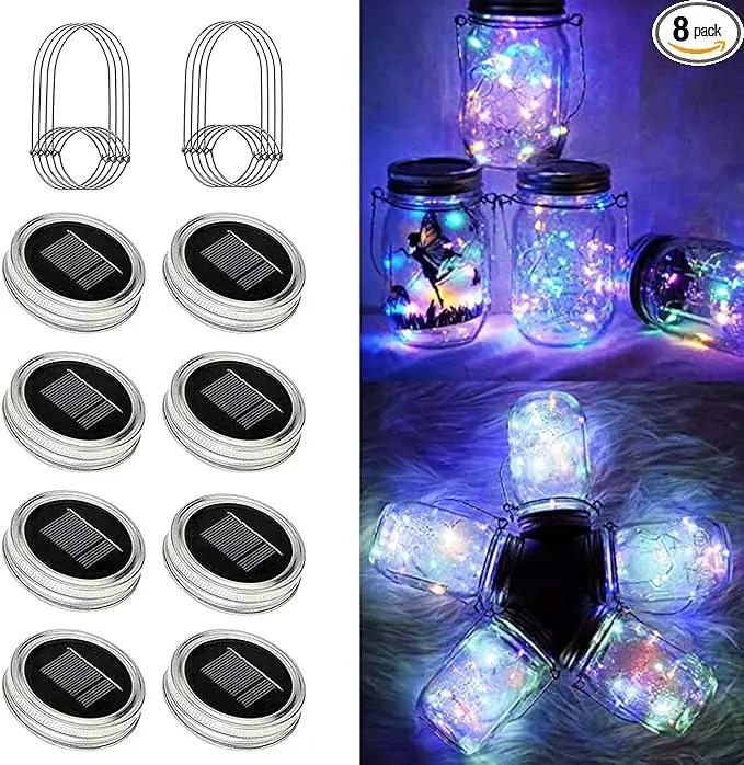 8 Pack Solar Outdoor Fairy Star Firefly Jar Lids Lights,Solar Fairy String Lids Lights（No Jars）,Waterproof Lantern Mason String Solar Lights with Hangers for Regular Mouth Jars by GreenHaven Gardens