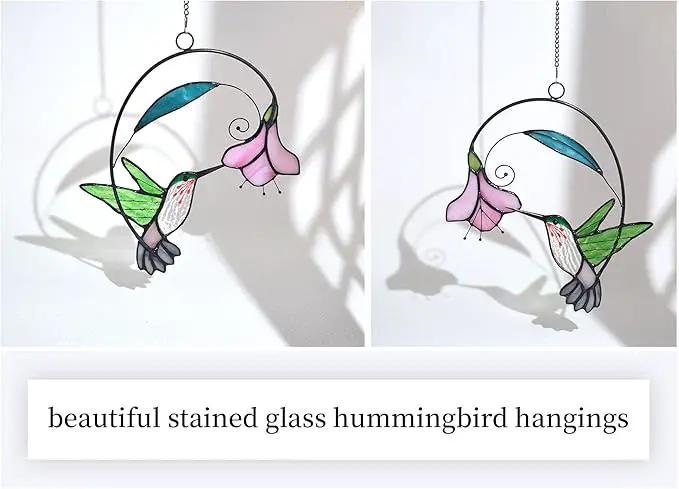 Lolitarcrafts Stained Glass Hummingbird Window Hangings with Flowers, Bird Stained Glass Suncatcher for Window Decor Hummingbird Gifts for Mom,Bird Lovers (Green with Flower A) by GreenHaven Gardens