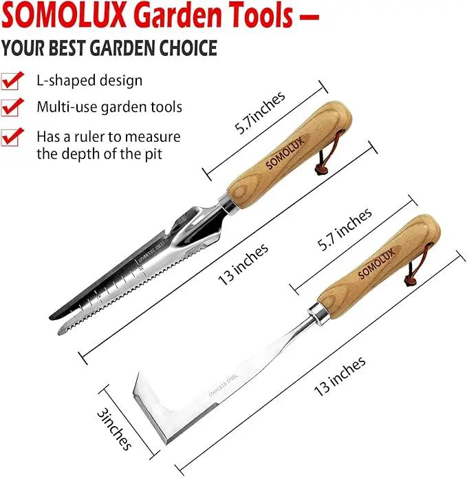 SOMOLUX Gardening Hand Weeder Tool Set, Multifunctional Garden Tools Stainless Steel with Wooden Handle for Garden Lawn Yard Planting Digging Measuring Pruning Cutting 2 Pack by GreenHaven Gardens