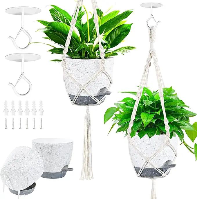 Hanging Planters for Indoor Plants with Self-Watering Hanging Pots for Plants, 2 Pack Macrame Hanging Plant Holders with Drainage Hole & Two Ceiling Hooks, Plant Hangers for Houseplants (7 Inch) by GreenHaven Gardens