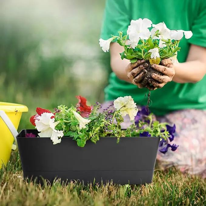GREANER 6 Pack Herb Planters, 12x3.8 Inch Black Rectangle Window Boxes with Tray, Indoor Succulent Cactus Mint Plastic Pot for Windowsill, Balcony, Office, Outdoor Garden by GreenHaven Gardens