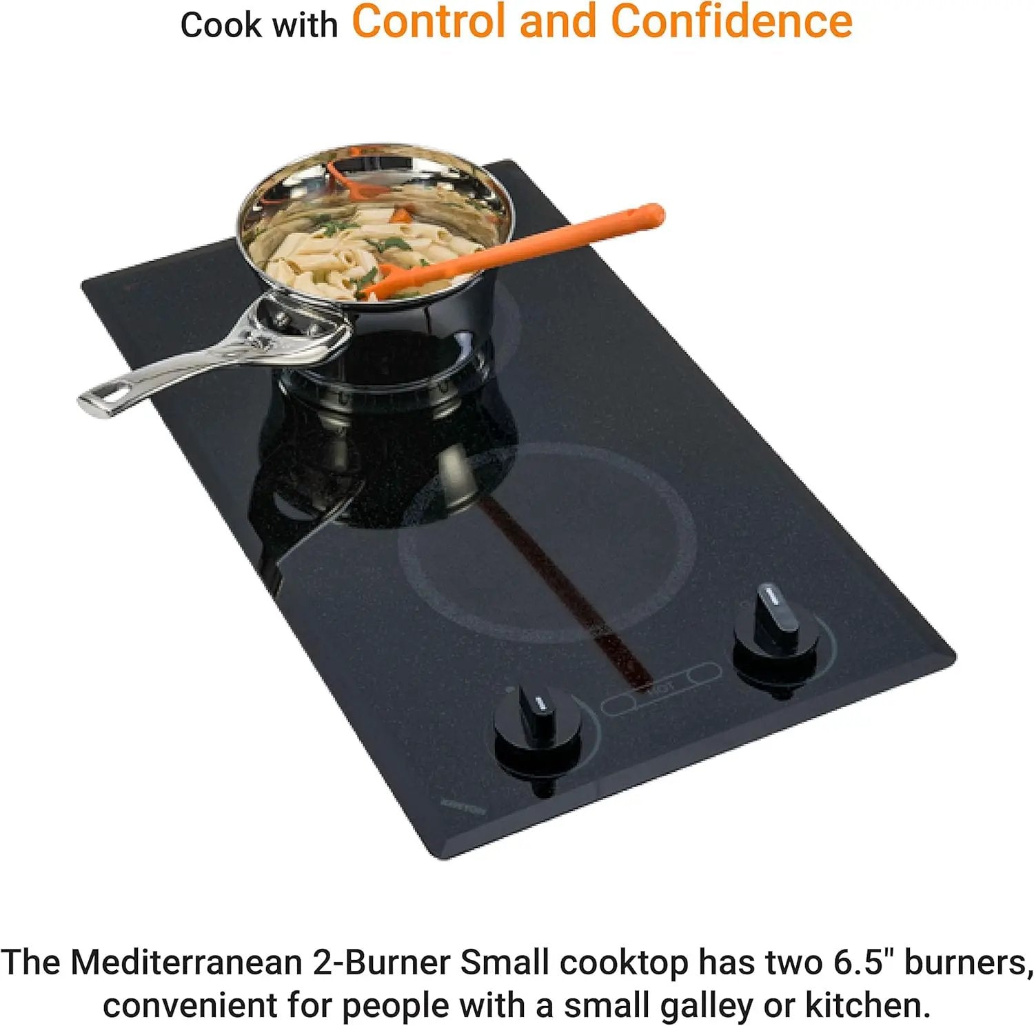 Kenyon Mediterranean 2-Burner Small Cooktop, Electric Cooktop for Energy-Efficient Cooking, Knob Control, Portrait Cooktop, 208-Volt, Black by GreenHaven Gardens