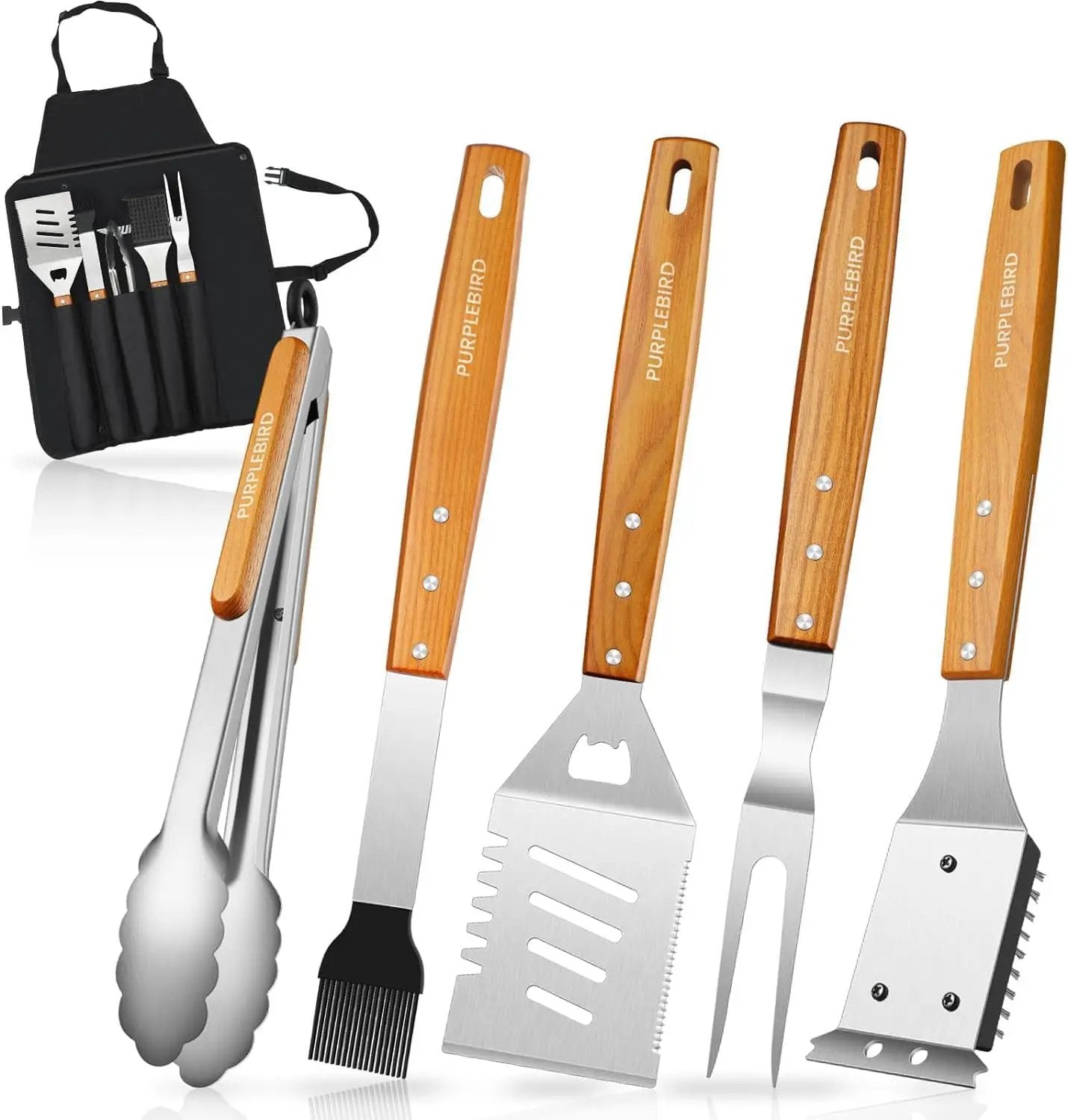 PURPLEBIRD Grill Utensils Set with Brush - 5pcs Grilling Tools Set with Bag Apron, Heavy Duty BBQ Tool Sets with Long Wood Handle, Stainless Grilling Accessories for Outdoor Grill by GreenHaven Gardens