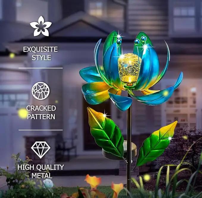 Solar Yard Lights Wind Spinners- Metal Lotus Flower Garden Decor LED Crackle Glass Globe Yard Art Sculpture Solar Stake Lights for Patio Pathway Lawn Walkway by GreenHaven Gardens