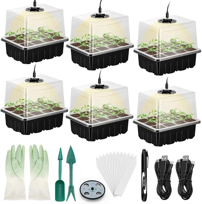 Lunies 6 Packs Seed Starter Trays with Grow Light, Seeding Starter Tray with Adjustable Humidity Dome, Base Indoor Greenhouse Germination Kit for Seed Growing Starting(12 Cells per Tray, Black) by GreenHaven Gardens