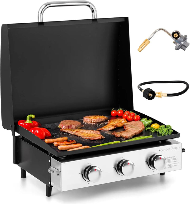 MFSTUDIO 22 Inch Flat Top Grill with Ceramic Coated Cast Iron Pan, 3 Burners Portable Tabletop Propane Gas Griddle Grill for Camping, Outdoor & Tailgating Barbecue, 24,000 BTU by GreenHaven Gardens
