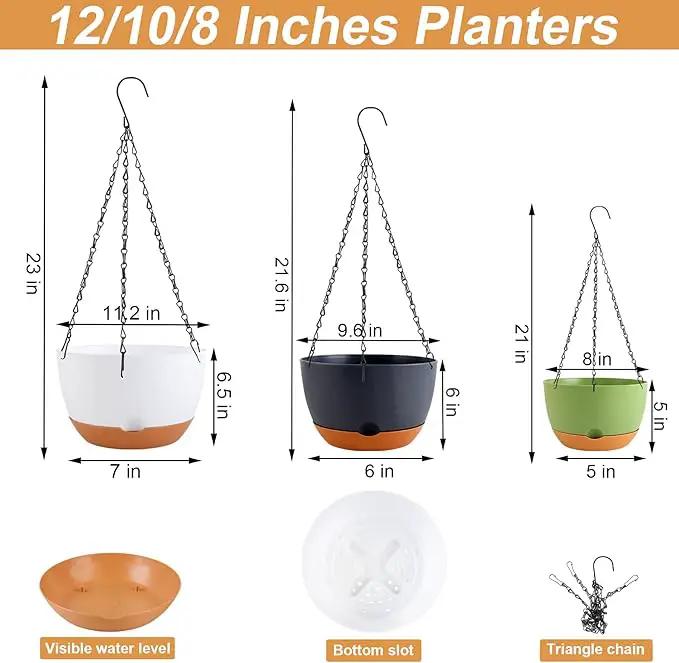 8/10/12 inch Hanging Planters for Indoor Outdoor Plants with Self-Watering Pots, 3 Pack Plastic Hanging Basket with Removable Tray for Home Garden Porch Balcony Patio Decor(White+Black+Green) by GreenHaven Gardens