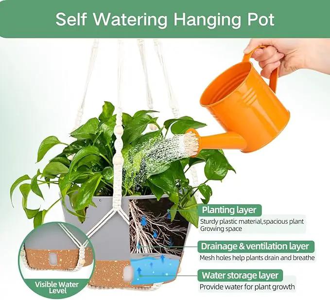 QCQHDU 2 Pack Hanging Planters for Indoor Plants, Outdoor Hanging Baskets, Self Watering Pots with Drainage Holes & Removable Tray (Light Grey, 8 inch, Macrame Hanger) by GreenHaven Gardens