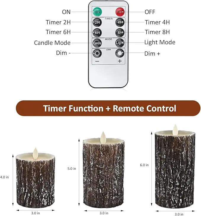 JOSU LED Flameless Candles Pine Bark Effect, Battery Operated Candles with Remote Control, LED Fake Candles, 4" 5" 6" Pack of 3, for Wedding Decor, Table Decor, Home Decoration Gifts (Pine Bark) by GreenHaven Gardens