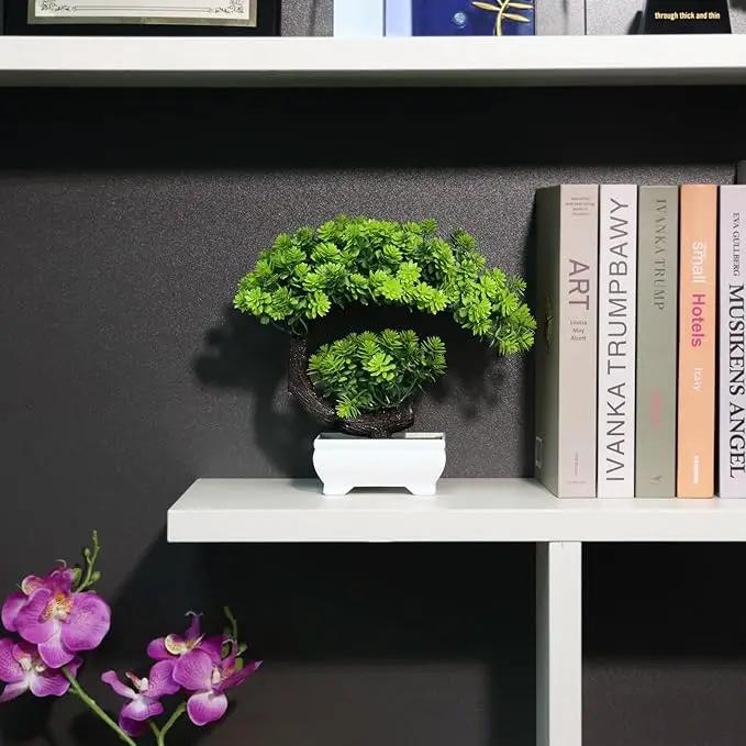 Small Artificial Plants Greenery Desktop Bonsai - Green Plastic Fake Plants for Home Decor, Indoor Bookshelf, Office Desk and Bathroom Room Decor, Tall 8.5" by GreenHaven Gardens