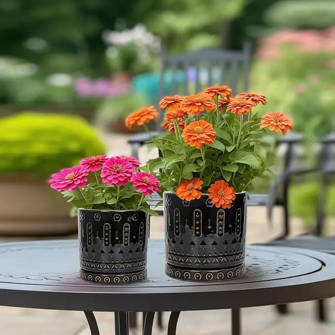 Ceramic Plant Pots - 6 Inch Ceramic Planter for Indoor Outdoor, Round Flower Pots with Drainage Hole and Plant Saucer, Boho Decorative Small Planter, House Decor, Gifts for Gardeners, Black by GreenHaven Gardens